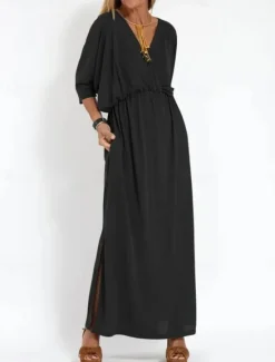Outlet Women's Maxi Dress Casual Dress A Line Dress Stylish Basic Casual Vacation Daily Regular Fit Plain Half Sleeve V Neck Black Army Green Summer Spring Women T Shirt Dresses