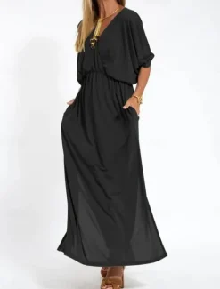 Outlet Women's Maxi Dress Casual Dress A Line Dress Stylish Basic Casual Vacation Daily Regular Fit Plain Half Sleeve V Neck Black Army Green Summer Spring Women T Shirt Dresses