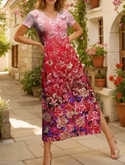 Clearance Women's Maxi Dress Casual Dress Sundress A Line Dress Elegant Vacation Casual Beach Regular Fit Ombre Floral Graphic Short Sleeve V Neck Magenta Red Blue Purple Summer Spring Women Vacation Dresses