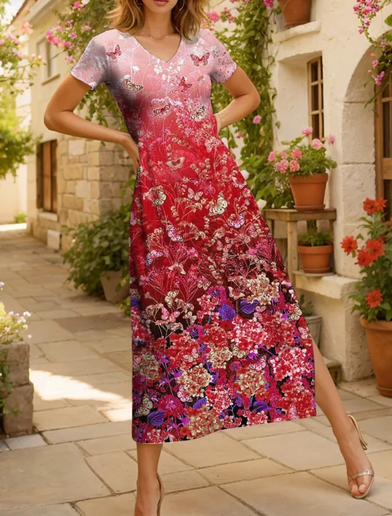Clearance Women's Maxi Dress Casual Dress Sundress A Line Dress Elegant Vacation Casual Beach Regular Fit Ombre Floral Graphic Short Sleeve V Neck Magenta Red Blue Purple Summer Spring Women Vacation Dresses