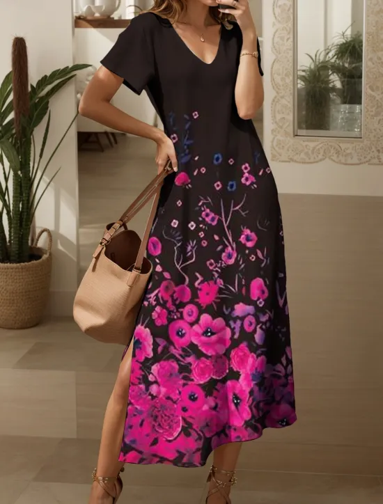 Clearance Women's Maxi Dress Casual Dress Sundress A Line Dress Elegant Vacation Casual Beach Regular Fit Ombre Floral Graphic Short Sleeve V Neck Magenta Red Blue Purple Summer Spring Women Vacation Dresses