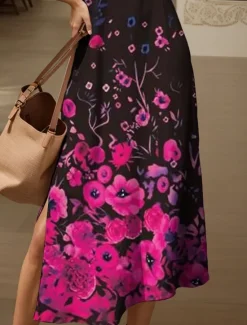 Clearance Women's Maxi Dress Casual Dress Sundress A Line Dress Elegant Vacation Casual Beach Regular Fit Ombre Floral Graphic Short Sleeve V Neck Magenta Red Blue Purple Summer Spring Women Vacation Dresses