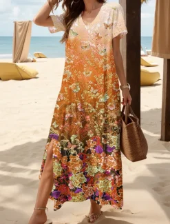Clearance Women's Maxi Dress Casual Dress Sundress A Line Dress Elegant Vacation Casual Beach Regular Fit Ombre Floral Graphic Short Sleeve V Neck Magenta Red Blue Purple Summer Spring Women Vacation Dresses