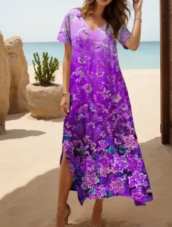 Clearance Women's Maxi Dress Casual Dress Sundress A Line Dress Elegant Vacation Casual Beach Regular Fit Ombre Floral Graphic Short Sleeve V Neck Magenta Red Blue Purple Summer Spring Women Vacation Dresses