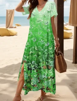 Clearance Women's Maxi Dress Casual Dress Sundress A Line Dress Elegant Vacation Casual Beach Regular Fit Ombre Floral Graphic Short Sleeve V Neck Magenta Red Blue Purple Summer Spring Women Vacation Dresses
