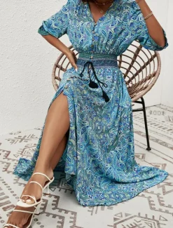 Hot Women's Maxi Dress Casual Dress Long Sleeve Boho Dress Boho Dress Bohemia Stylish Basic Vacation Casual Daily Regular Fit Graphic 3/4 Length Sleeve V Neck Maroon Blue Summer Spring Fall Women Floral Dresses
