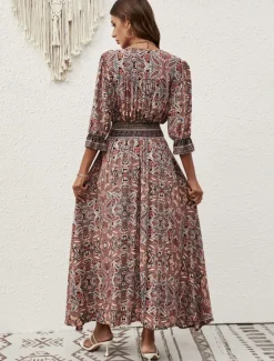 Hot Women's Maxi Dress Casual Dress Long Sleeve Boho Dress Boho Dress Bohemia Stylish Basic Vacation Casual Daily Regular Fit Graphic 3/4 Length Sleeve V Neck Maroon Blue Summer Spring Fall Women Floral Dresses