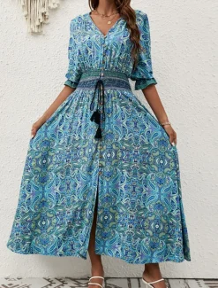Hot Women's Maxi Dress Casual Dress Long Sleeve Boho Dress Boho Dress Bohemia Stylish Basic Vacation Casual Daily Regular Fit Graphic 3/4 Length Sleeve V Neck Maroon Blue Summer Spring Fall Women Floral Dresses