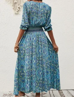 Hot Women's Maxi Dress Casual Dress Long Sleeve Boho Dress Boho Dress Bohemia Stylish Basic Vacation Casual Daily Regular Fit Graphic 3/4 Length Sleeve V Neck Maroon Blue Summer Spring Fall Women Floral Dresses