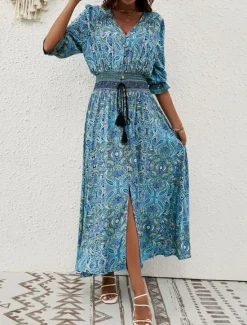 Hot Women's Maxi Dress Casual Dress Long Sleeve Boho Dress Boho Dress Bohemia Stylish Basic Vacation Casual Daily Regular Fit Graphic 3/4 Length Sleeve V Neck Maroon Blue Summer Spring Fall Women Floral Dresses
