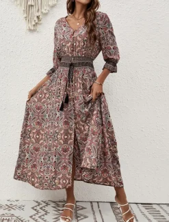 Hot Women's Maxi Dress Casual Dress Long Sleeve Boho Dress Boho Dress Bohemia Stylish Basic Vacation Casual Daily Regular Fit Graphic 3/4 Length Sleeve V Neck Maroon Blue Summer Spring Fall Women Floral Dresses