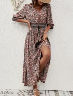 Hot Women's Maxi Dress Casual Dress Long Sleeve Boho Dress Boho Dress Bohemia Stylish Basic Vacation Casual Daily Regular Fit Graphic 3/4 Length Sleeve V Neck Maroon Blue Summer Spring Fall Women Floral Dresses