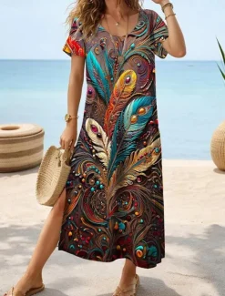 Hot Women's Maxi Dress Casual Dress Boho Chic Dresses Bohemia Cute Stylish Vacation Daily Beach Regular Fit Graphic Short Sleeve Crew Neck Summer Spring Women T Shirt Dresses