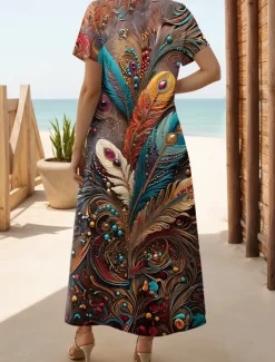 Hot Women's Maxi Dress Casual Dress Boho Chic Dresses Bohemia Cute Stylish Vacation Daily Beach Regular Fit Graphic Short Sleeve Crew Neck Summer Spring Women T Shirt Dresses