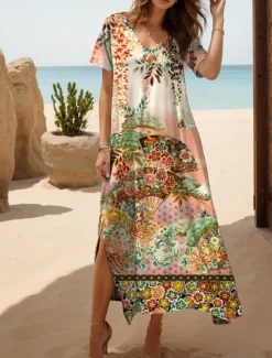 Sale Women's Maxi Dress Casual Dress Sundress A Line Dress Vacation Casual Beach Regular Fit Floral Graphic Butterfly Short Sleeve V Neck Black White Pink Summer Spring Women Vacation Dresses