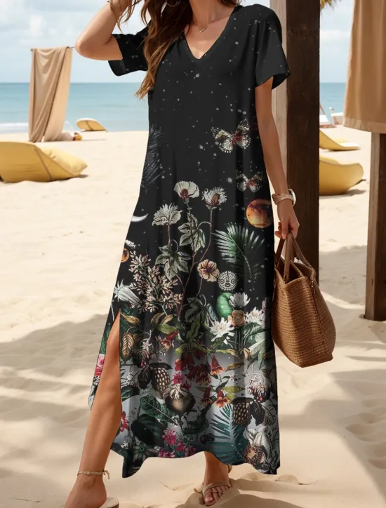 Sale Women's Maxi Dress Casual Dress Sundress A Line Dress Vacation Casual Beach Regular Fit Floral Graphic Butterfly Short Sleeve V Neck Black White Pink Summer Spring Women Vacation Dresses