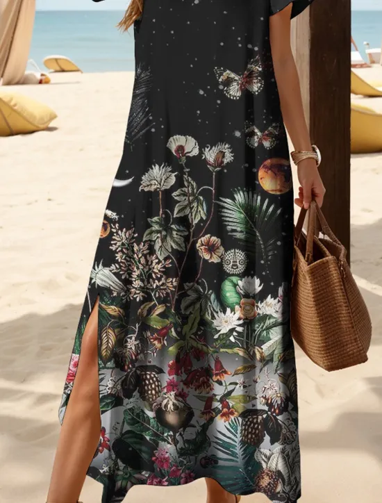 Sale Women's Maxi Dress Casual Dress Sundress A Line Dress Vacation Casual Beach Regular Fit Floral Graphic Butterfly Short Sleeve V Neck Black White Pink Summer Spring Women Vacation Dresses