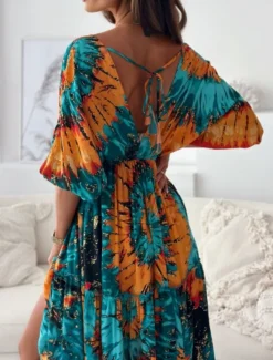 Best Women's Maxi Dress Casual Dress Swing Dress Boho Chic Dresses Bohemia Casual Boho Vacation Daily Loose Fit Floral Tie Dye 3/4 Length Sleeve V Neck Light Purple Green Summer Spring Women Floral Dresses