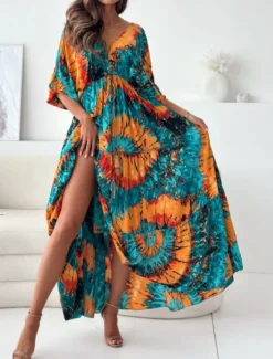 Best Women's Maxi Dress Casual Dress Swing Dress Boho Chic Dresses Bohemia Casual Boho Vacation Daily Loose Fit Floral Tie Dye 3/4 Length Sleeve V Neck Light Purple Green Summer Spring Women Floral Dresses