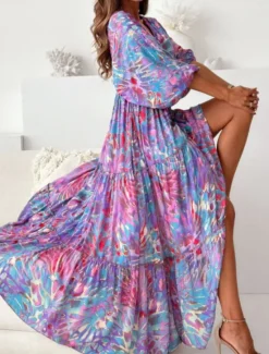 Best Women's Maxi Dress Casual Dress Swing Dress Boho Chic Dresses Bohemia Casual Boho Vacation Daily Loose Fit Floral Tie Dye 3/4 Length Sleeve V Neck Light Purple Green Summer Spring Women Floral Dresses