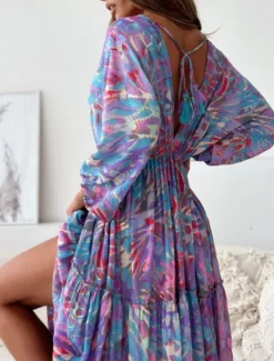 Best Women's Maxi Dress Casual Dress Swing Dress Boho Chic Dresses Bohemia Casual Boho Vacation Daily Loose Fit Floral Tie Dye 3/4 Length Sleeve V Neck Light Purple Green Summer Spring Women Floral Dresses