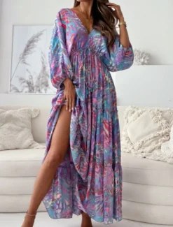 Best Women's Maxi Dress Casual Dress Swing Dress Boho Chic Dresses Bohemia Casual Boho Vacation Daily Loose Fit Floral Tie Dye 3/4 Length Sleeve V Neck Light Purple Green Summer Spring Women Floral Dresses