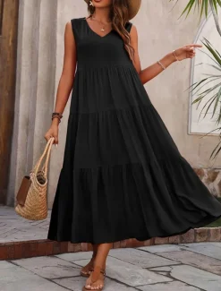 Online Women's Maxi Dress Casual Dress Swing Dress A Line Dress Stylish Basic Casual Vacation Daily Regular Fit Plain Sleeveless V Neck Black Yellow Red Fuchsia Summer Spring Women Vacation Dresses