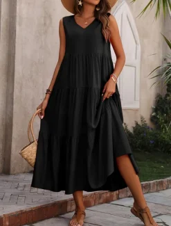 Online Women's Maxi Dress Casual Dress Swing Dress A Line Dress Stylish Basic Casual Vacation Daily Regular Fit Plain Sleeveless V Neck Black Yellow Red Fuchsia Summer Spring Women Vacation Dresses
