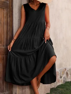 Online Women's Maxi Dress Casual Dress Swing Dress A Line Dress Stylish Basic Casual Vacation Daily Regular Fit Plain Sleeveless V Neck Black Yellow Red Fuchsia Summer Spring Women Vacation Dresses
