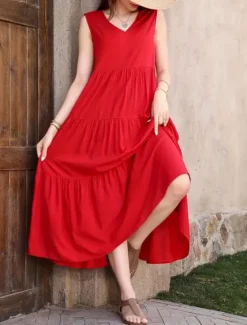 Online Women's Maxi Dress Casual Dress Swing Dress A Line Dress Stylish Basic Casual Vacation Daily Regular Fit Plain Sleeveless V Neck Black Yellow Red Fuchsia Summer Spring Women Vacation Dresses