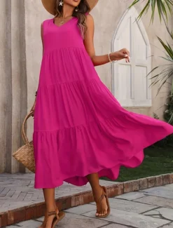 Online Women's Maxi Dress Casual Dress Swing Dress A Line Dress Stylish Basic Casual Vacation Daily Regular Fit Plain Sleeveless V Neck Black Yellow Red Fuchsia Summer Spring Women Vacation Dresses