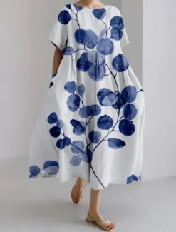 New Women's Maxi Dress Casual Dress Casual Vacation Loose Fit Graphic Linen Like Leaf 3/4 Length Sleeve Crew Neck Spring Fall Winter Women Vacation Dresses|Spring Dresses