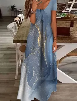 Hot Women's Maxi Dress Casual Dress Shift Dress Elegant Vacation Casual Outdoor Vacation Daily Regular Fit Color Gradient Marble Short Sleeve V Neck Blue Light Blue Summer Spring Women T Shirt Dresses