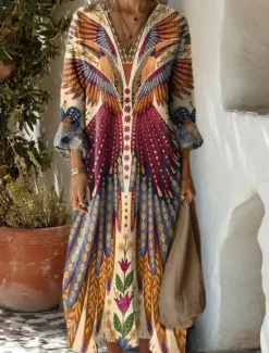 Clearance Women's Maxi Dress Casual Dress Stylish Casual Vacation Daily Regular Fit Floral Long Sleeve V Neck Navy Blue Blue Orange Brown Summer Women Floral Dresses