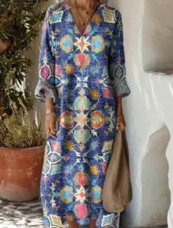 Clearance Women's Maxi Dress Casual Dress Stylish Casual Vacation Daily Regular Fit Floral Long Sleeve V Neck Navy Blue Blue Orange Brown Summer Women Floral Dresses
