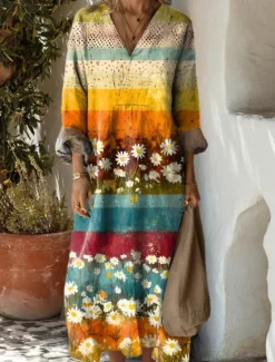 Clearance Women's Maxi Dress Casual Dress Stylish Casual Vacation Daily Regular Fit Floral Long Sleeve V Neck Navy Blue Blue Orange Brown Summer Women Floral Dresses