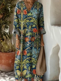 Clearance Women's Maxi Dress Casual Dress Stylish Casual Vacation Daily Regular Fit Floral Long Sleeve V Neck Navy Blue Blue Orange Brown Summer Women Floral Dresses