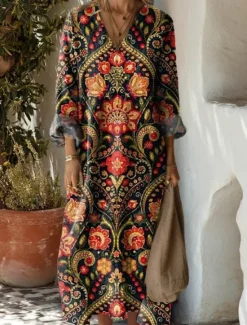 Clearance Women's Maxi Dress Casual Dress Stylish Casual Vacation Daily Regular Fit Floral Long Sleeve V Neck Navy Blue Blue Orange Brown Summer Women Floral Dresses