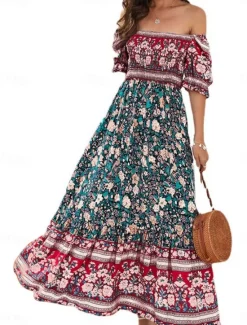 Outlet Women's Maxi Dress Casual Dress Boho Chic Dresses Boho Dress Bohemia Cute Stylish Vacation Daily Beach Loose Fit Graphic Short Sleeve Off Shoulder Red Blue Green Summer Spring Fall Women Floral Dresses