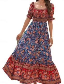 Outlet Women's Maxi Dress Casual Dress Boho Chic Dresses Boho Dress Bohemia Cute Stylish Vacation Daily Beach Loose Fit Graphic Short Sleeve Off Shoulder Red Blue Green Summer Spring Fall Women Floral Dresses