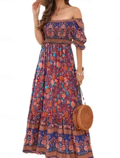 Outlet Women's Maxi Dress Casual Dress Boho Chic Dresses Boho Dress Bohemia Cute Stylish Vacation Daily Beach Loose Fit Graphic Short Sleeve Off Shoulder Red Blue Green Summer Spring Fall Women Floral Dresses