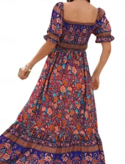 Outlet Women's Maxi Dress Casual Dress Boho Chic Dresses Boho Dress Bohemia Cute Stylish Vacation Daily Beach Loose Fit Graphic Short Sleeve Off Shoulder Red Blue Green Summer Spring Fall Women Floral Dresses