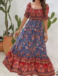 Outlet Women's Maxi Dress Casual Dress Boho Chic Dresses Boho Dress Bohemia Cute Stylish Vacation Daily Beach Loose Fit Graphic Short Sleeve Off Shoulder Red Blue Green Summer Spring Fall Women Floral Dresses