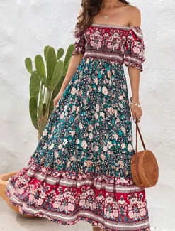 Outlet Women's Maxi Dress Casual Dress Boho Chic Dresses Boho Dress Bohemia Cute Stylish Vacation Daily Beach Loose Fit Graphic Short Sleeve Off Shoulder Red Blue Green Summer Spring Fall Women Floral Dresses