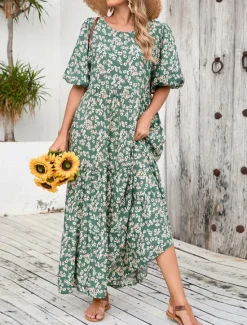 Women's Maxi Dress Casual Dress Swing Dress Boho Chic Dresses Bohemia Cute Stylish Vacation Daily Beach Loose Fit Graphic Ditsy Floral Half Sleeve Crew Neck Summer Spring Fall Women Floral Dresses
