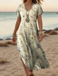 Clearance Women's Maxi Dress Casual Dress A Line Dress Stylish Casual Vacation Daily Regular Fit Floral Short Sleeve V Neck Red Blue Orange Green Summer Spring Women T Shirt Dresses