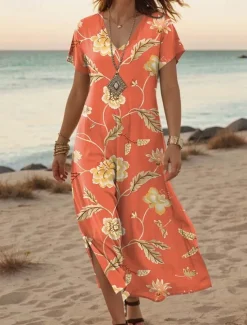 Clearance Women's Maxi Dress Casual Dress A Line Dress Stylish Casual Vacation Daily Regular Fit Floral Short Sleeve V Neck Red Blue Orange Green Summer Spring Women T Shirt Dresses