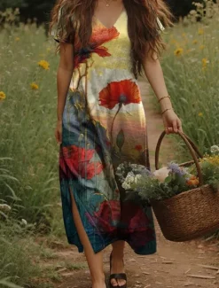 Outlet Women's Maxi Dress Casual Dress A Line Dress Bohemia Vacation Vintage Vacation Daily Regular Fit Floral Short Sleeve V Neck Yellow Purple Beige Summer Spring Women T Shirt Dresses