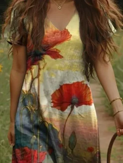Outlet Women's Maxi Dress Casual Dress A Line Dress Bohemia Vacation Vintage Vacation Daily Regular Fit Floral Short Sleeve V Neck Yellow Purple Beige Summer Spring Women T Shirt Dresses