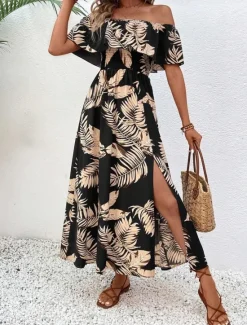Sale Women's Maxi Dress Casual Dress A Line Dress Stylish Casual Vacation Daily Regular Fit Leaf Short Sleeve Off Shoulder Summer Women Vacation Dresses